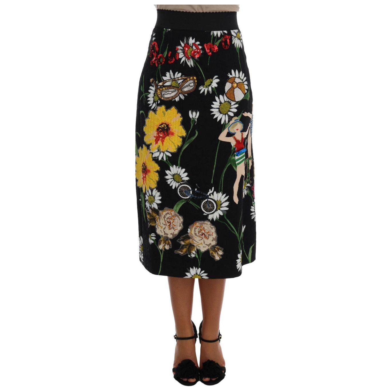 Dolce & Gabbana Black Embellished Daisy Brocade Skirt