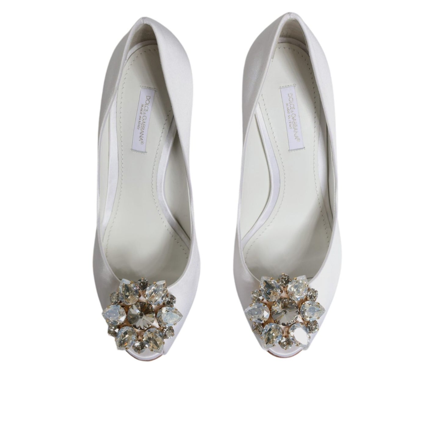 Dolce & Gabbana White Crystals Peep Toe Satin Pumps Shoes