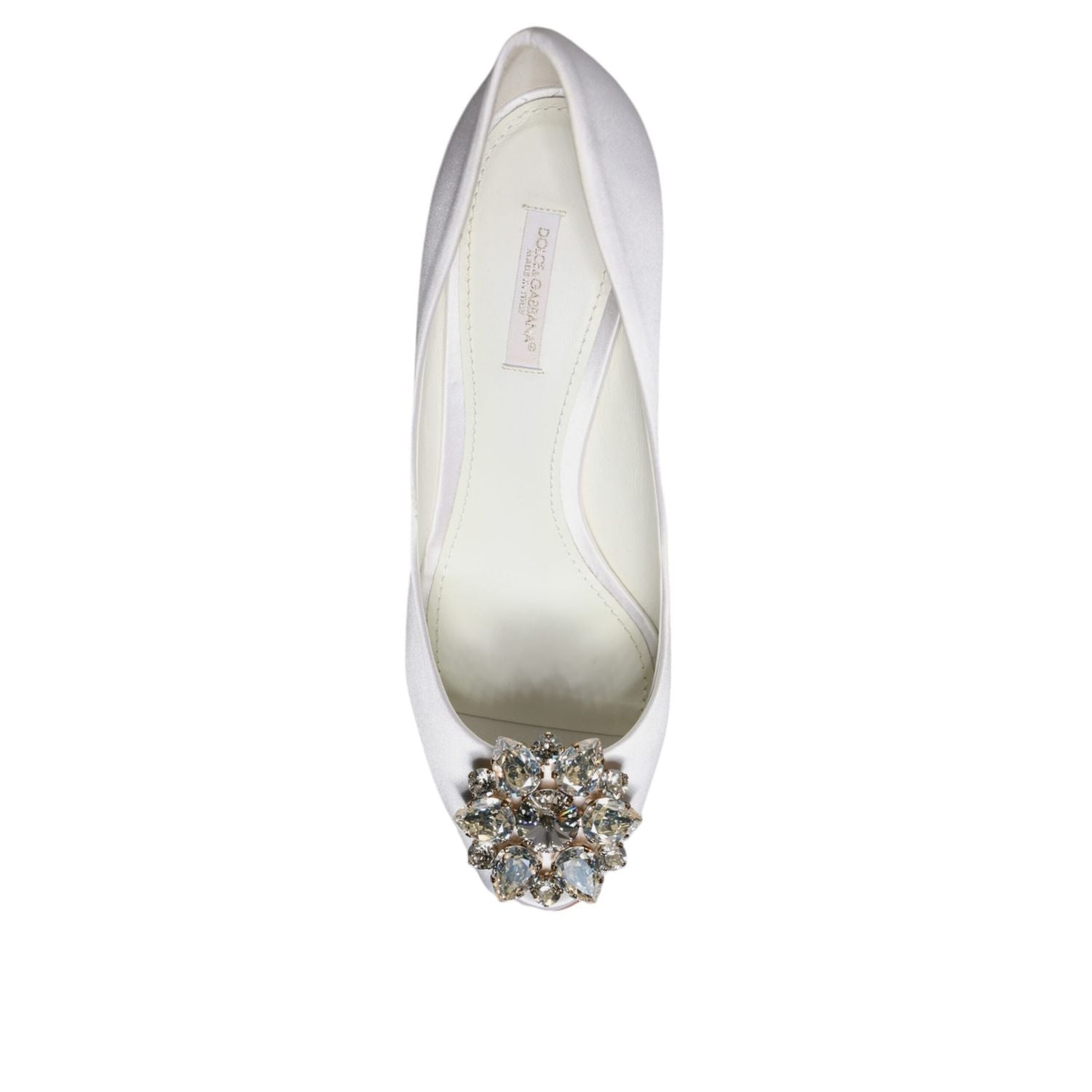 Dolce & Gabbana White Crystals Peep Toe Satin Pumps Shoes