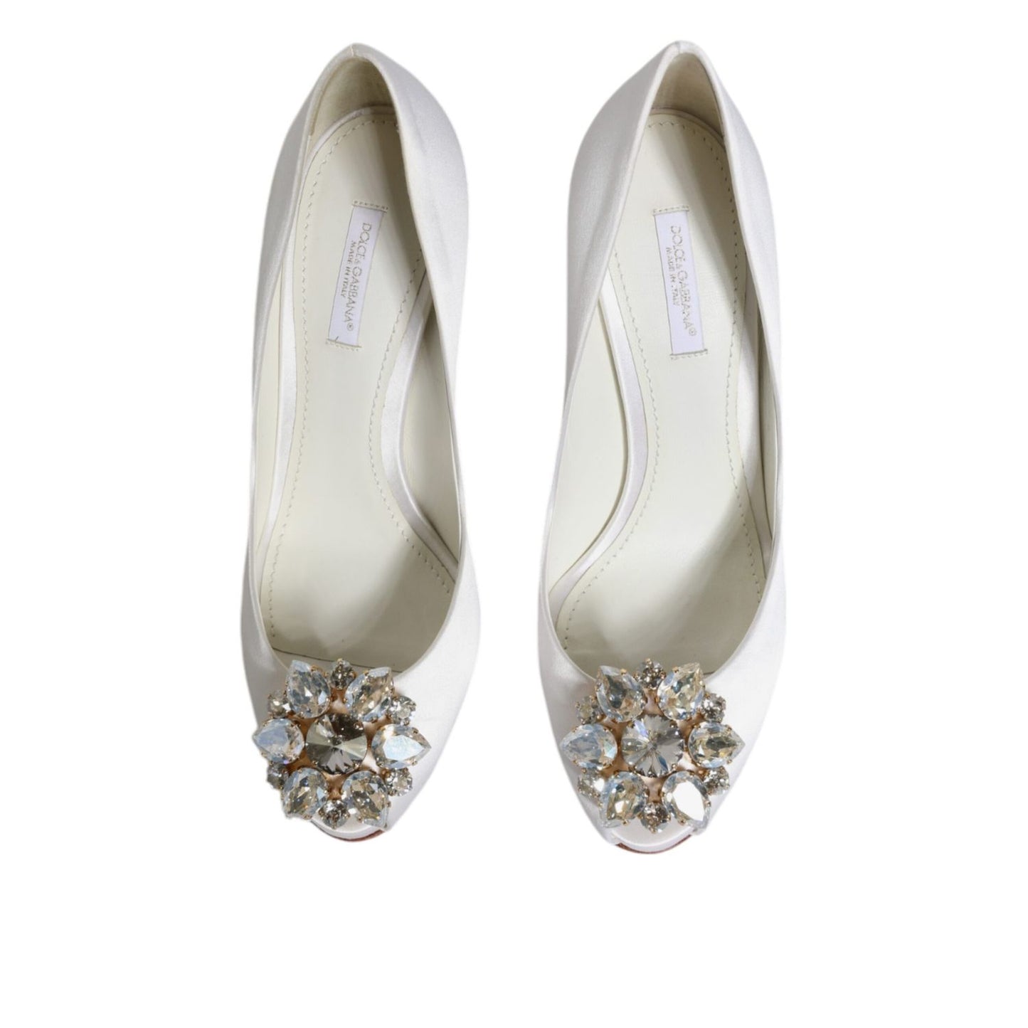Dolce & Gabbana White Crystals Peep Toe Satin Pumps Shoes