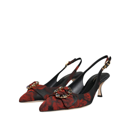 Dolce & Gabbana Black Red Floral Crystal Heel Slingback Shoes