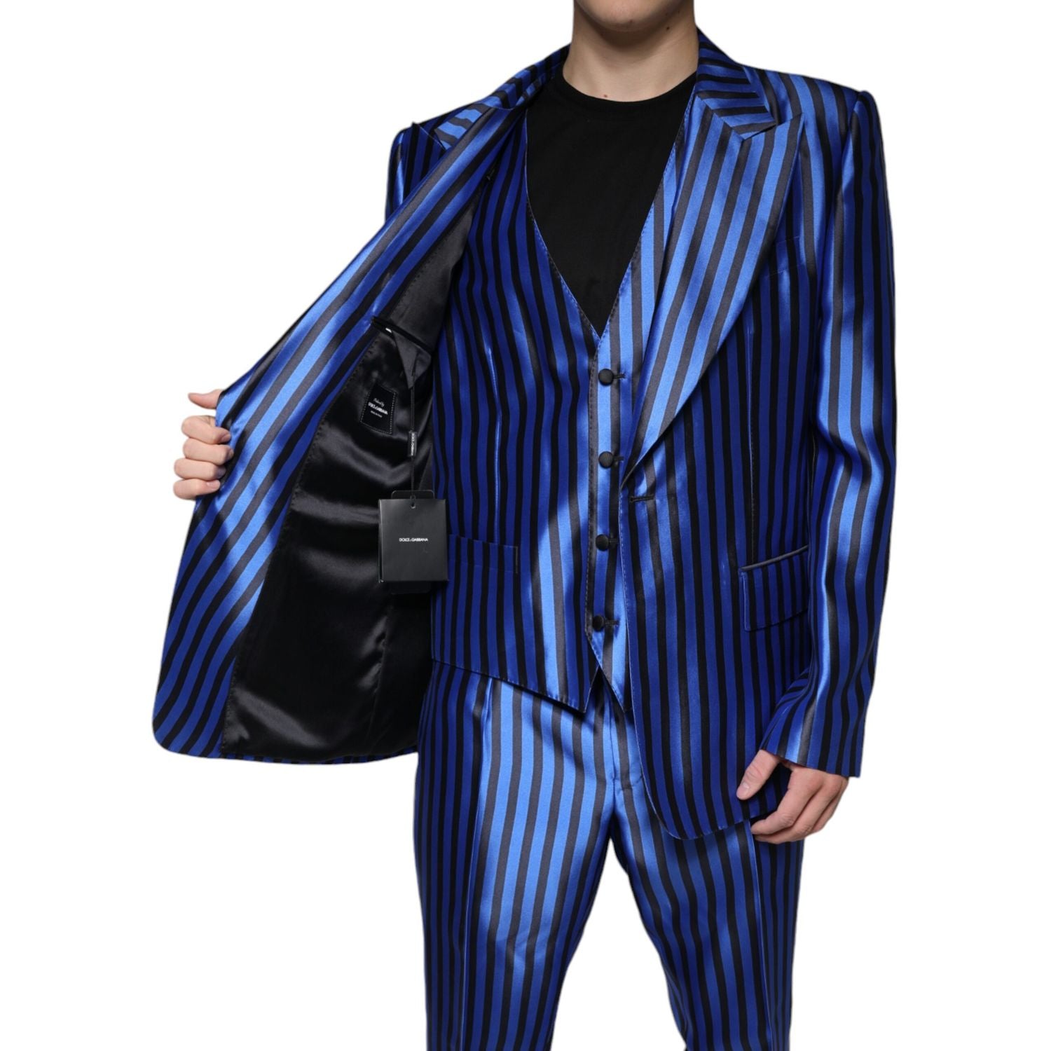 Dolce & Gabbana Metallic Blue Stripes Formal 3 Piece Suit