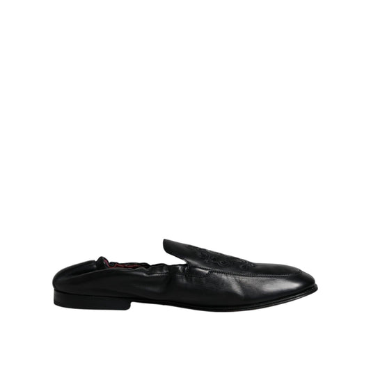 Dolce & Gabbana Black Logo Embroidered Leather Loafer Men Dress Shoes Dolce & Gabbana