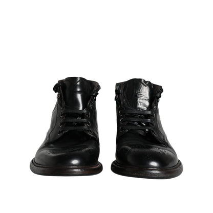 Dolce & Gabbana Black Leather Men Short Boots Lace Up Shoes