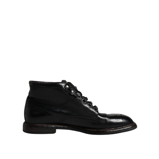 Dolce & Gabbana Black Leather Men Short Boots Lace Up Shoes Dolce & Gabbana