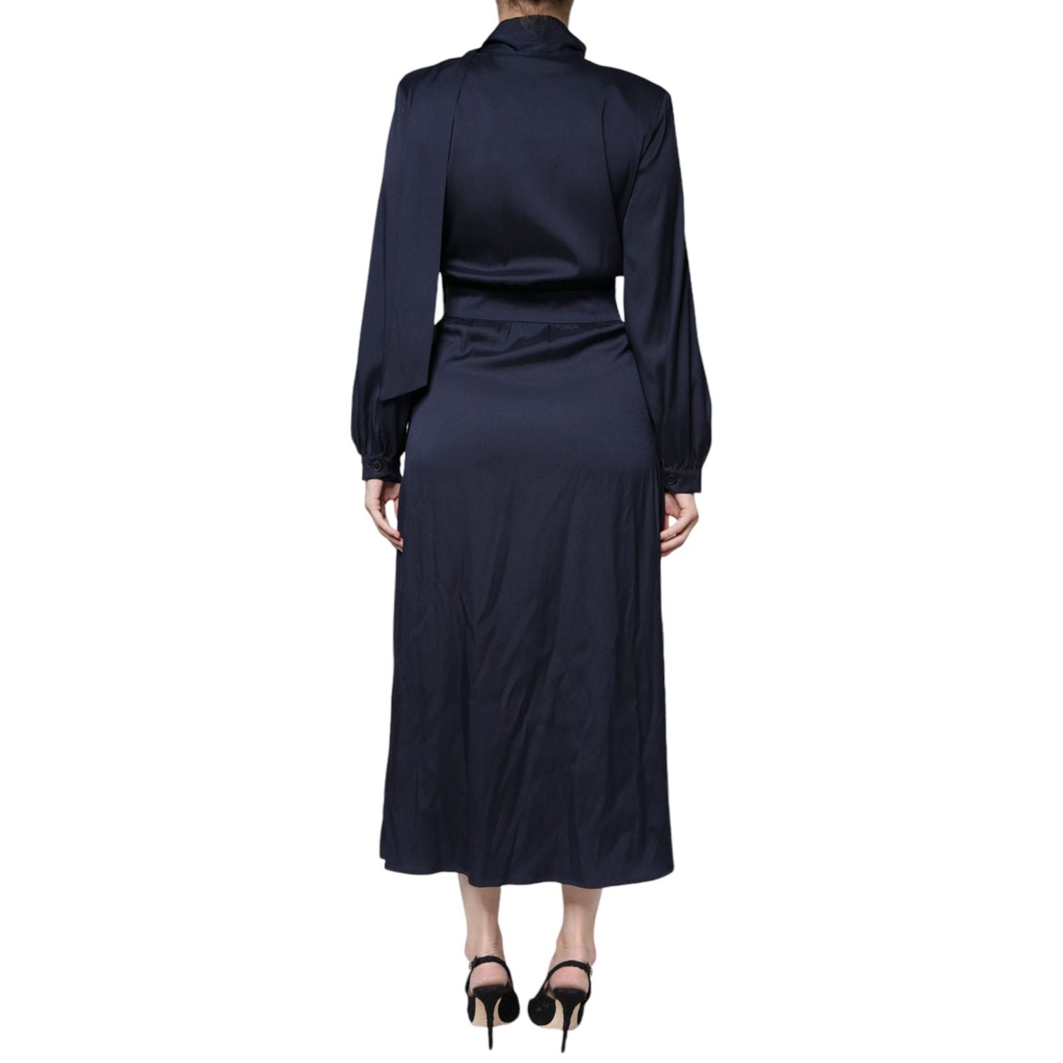 Ballantyne Dark Blue Long Sleeves Pleated A-line Maxi Dress