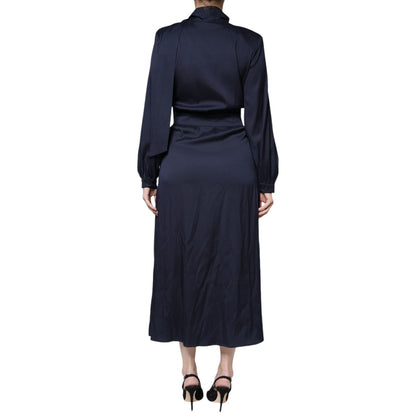 Ballantyne Dark Blue Long Sleeves Pleated A-line Maxi Dress