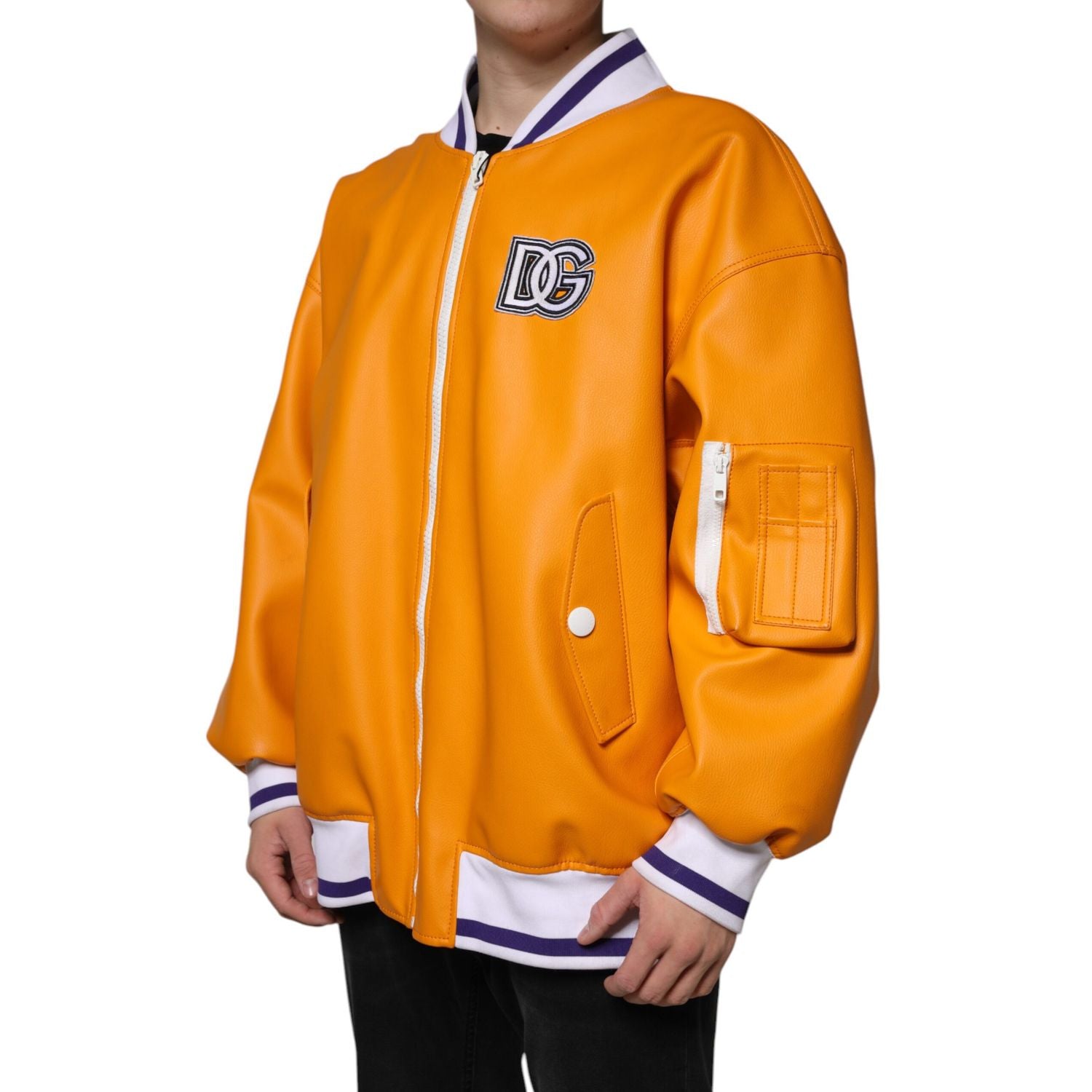 Dolce & Gabbana Orange White Full Zip Jersey Bomber Jacket