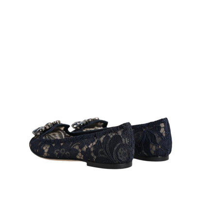 Dolce & Gabbana Blue Taormina Lace Crystals Flats Shoes