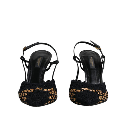 Dolce & Gabbana Black Brown Lace High Heels Slingback Shoes