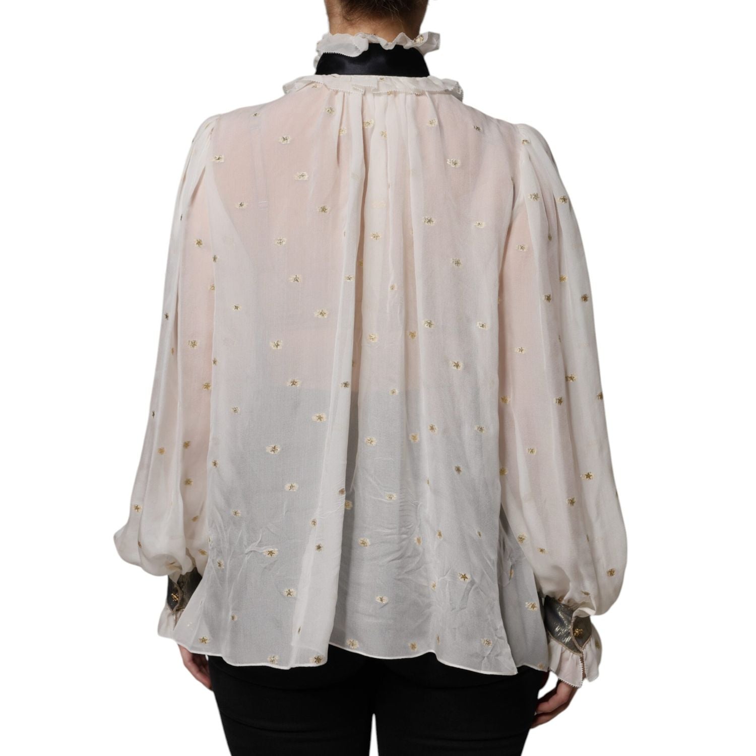 Dolce & Gabbana Off White Silk Blend Ascot Collar Blouse Top
