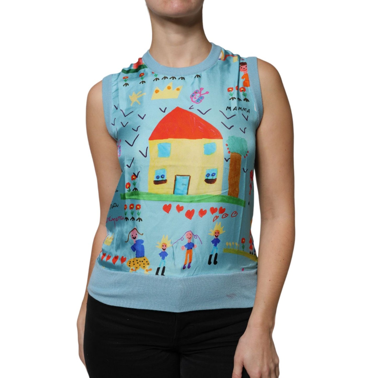 Dolce & Gabbana Blue Drawing Cashmere Sleeveless Tank Top Dolce & Gabbana