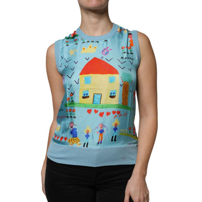 Dolce & Gabbana Blue Drawing Cashmere Sleeveless Tank Top Dolce & Gabbana