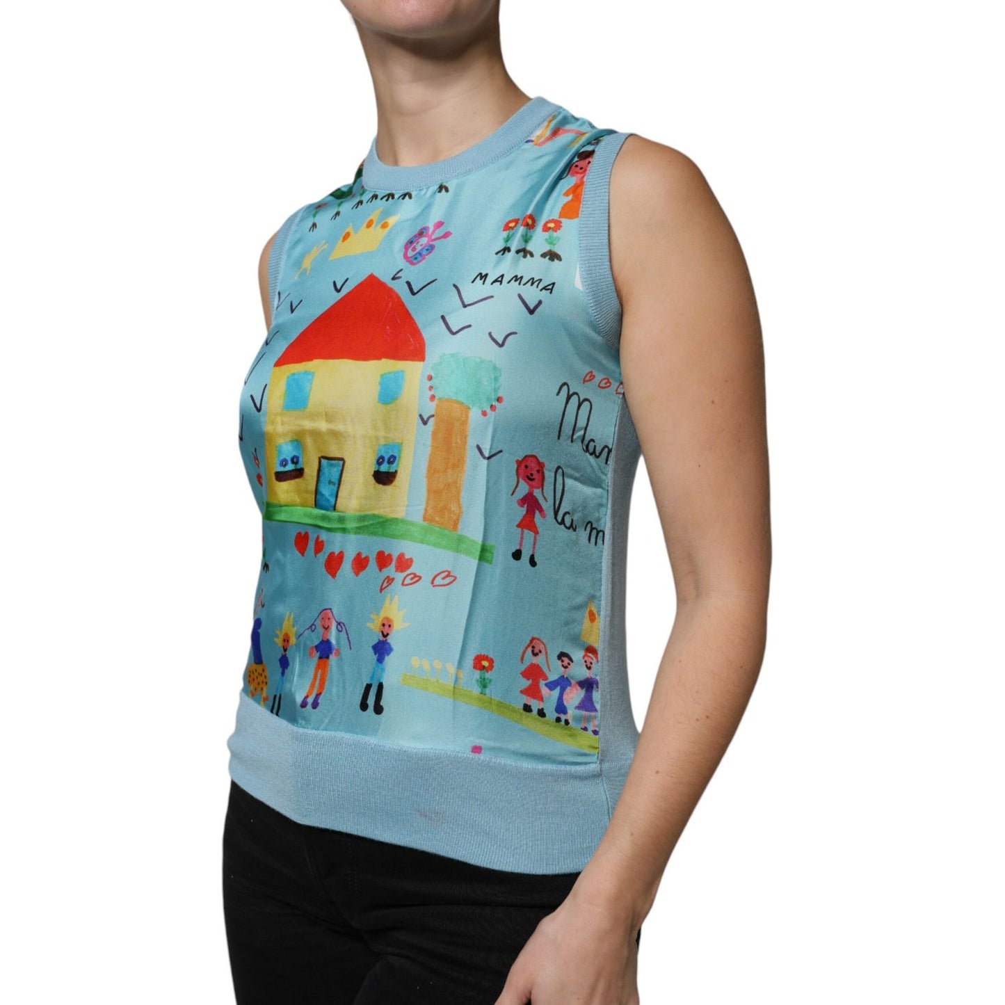 Dolce & Gabbana Blue Drawing Cashmere Sleeveless Tank Top Dolce & Gabbana