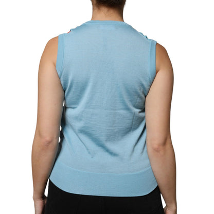 Dolce & Gabbana Blue Drawing Cashmere Sleeveless Tank Top Dolce & Gabbana