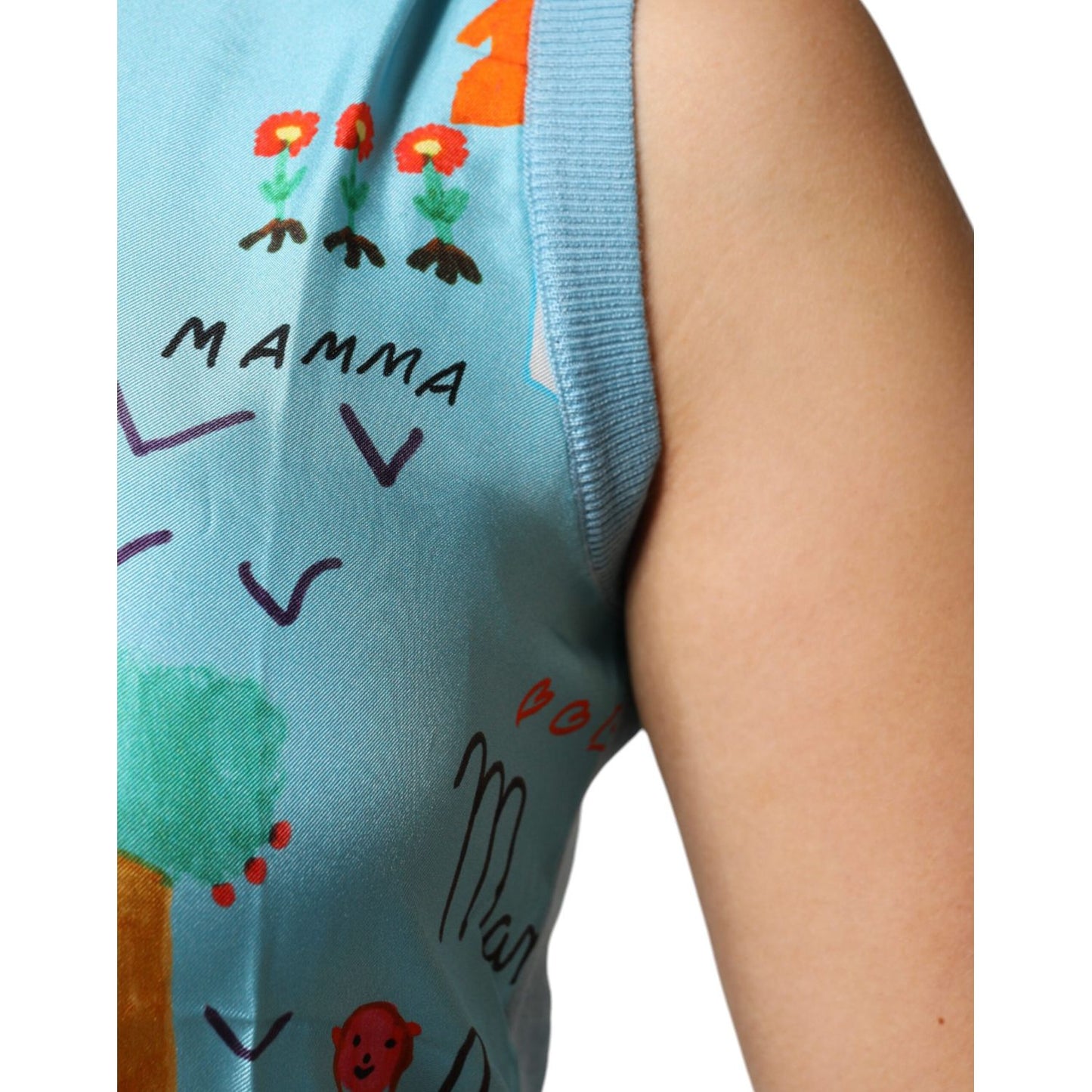 Dolce & Gabbana Blue Drawing Cashmere Sleeveless Tank Top Dolce & Gabbana