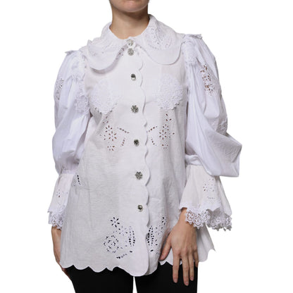Dolce & Gabbana White Cotton Lace Trim Collared Blouse Top