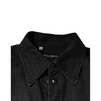 Dolce & Gabbana Black Logo Cotton Button Down Denim Shirt