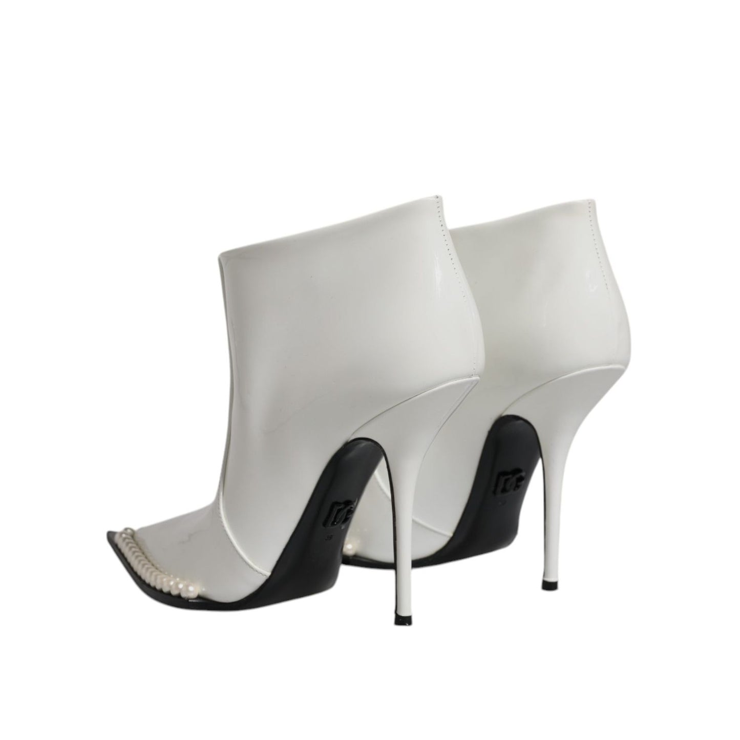 Dolce & Gabbana White Faux Pearl Leather Pointed Toe Ankle Boot Shoes