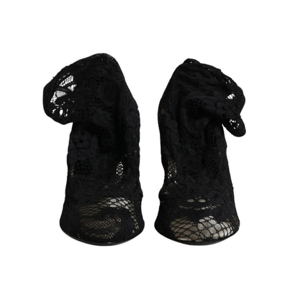 Dolce & Gabbana Black Lace Stretch Heels Mid Calf Boots Shoes