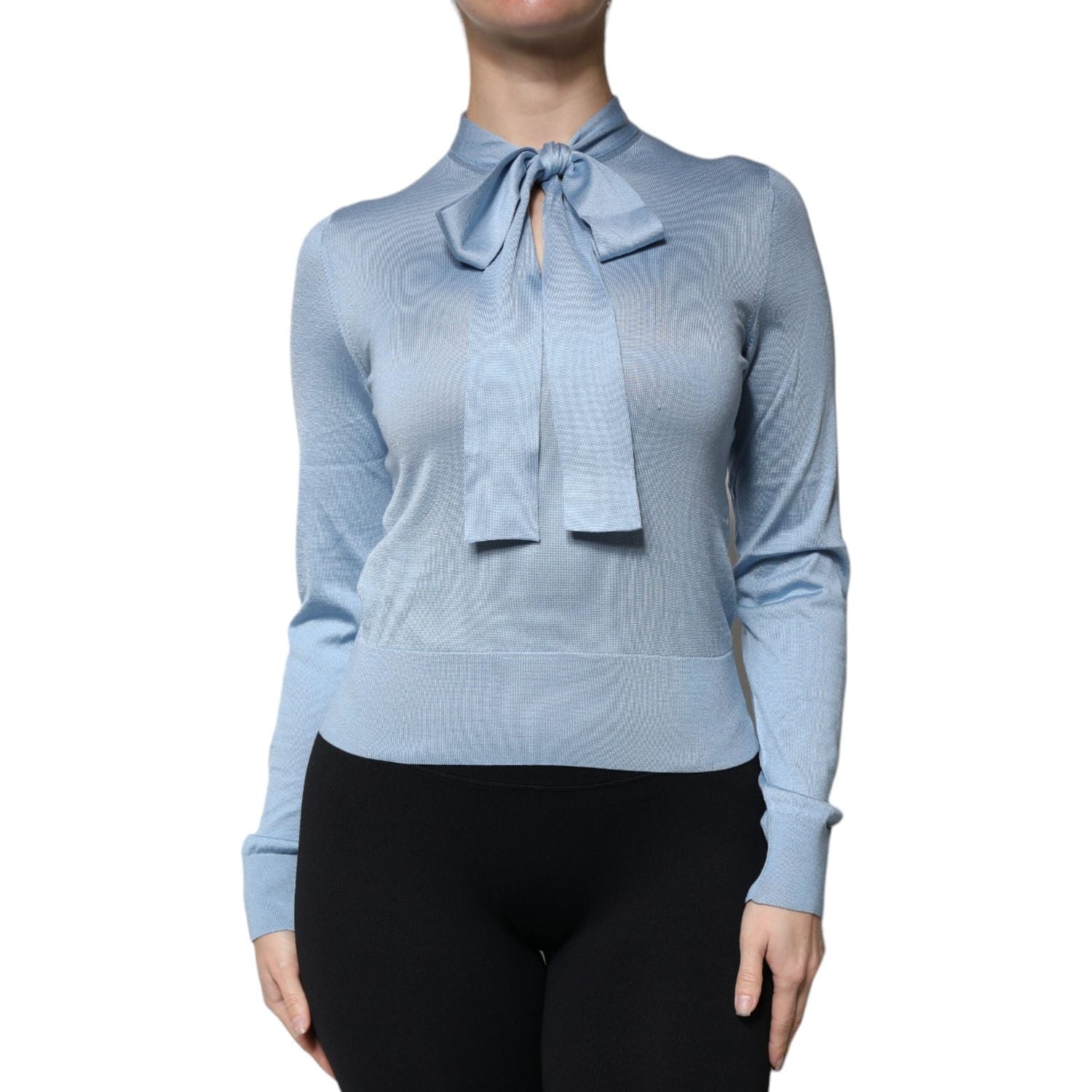 Dolce & Gabbana Blue Silk Knit Pullover Ascot Collar Top