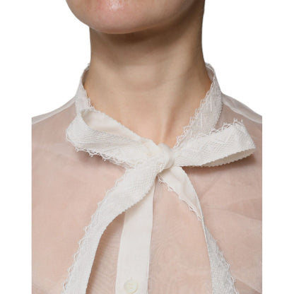Dolce & Gabbana White Ascot Collar Long Sleeves Blouse Top