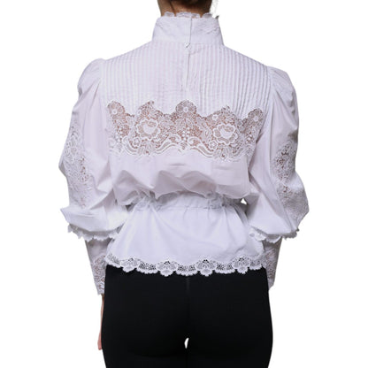 Dolce & Gabbana White Cotton Lace Trim Turtleneck Blouse Top