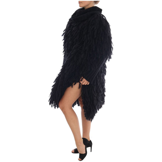 Elegant Black Fringed Wool-Cashmere Sweater