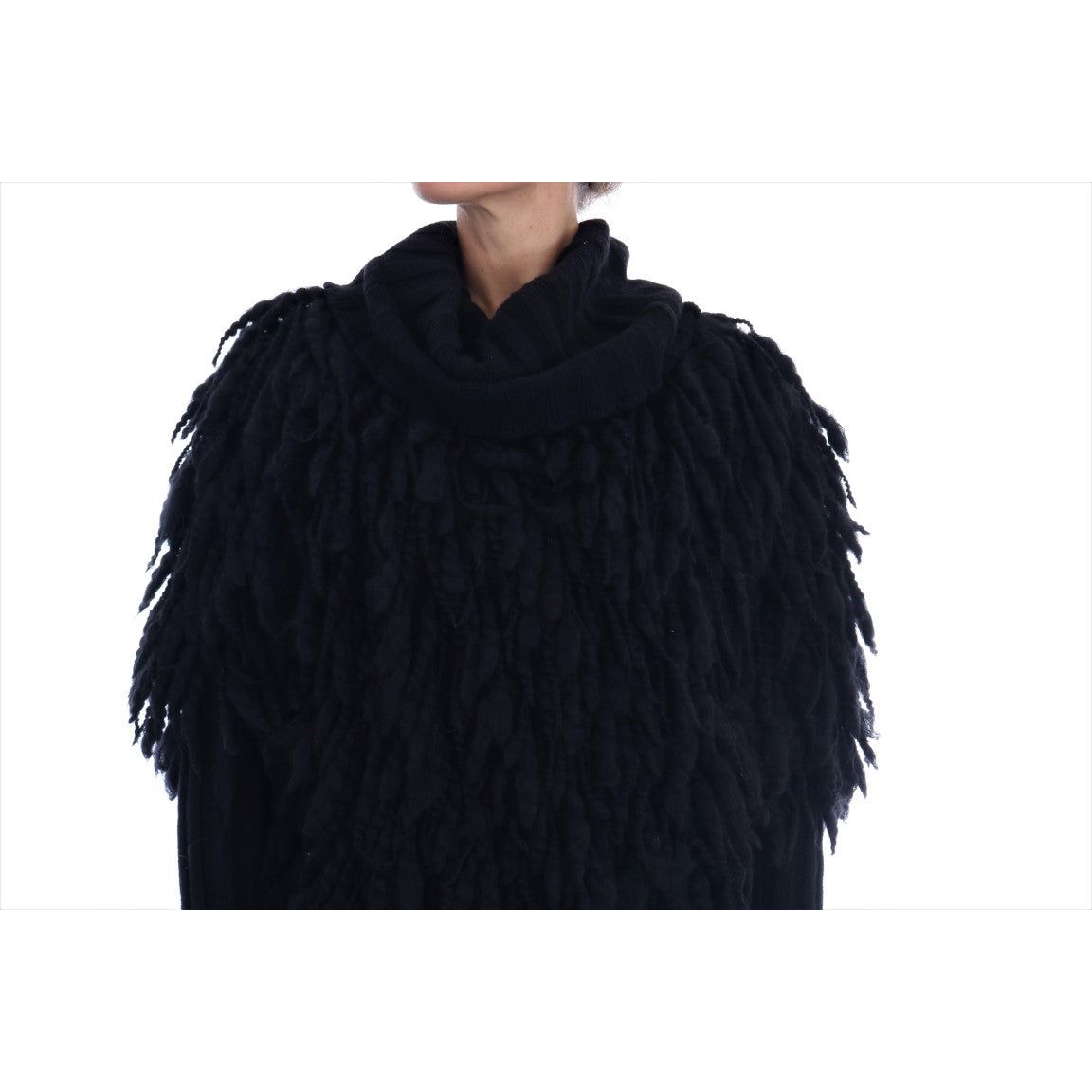 Elegant Black Fringed Wool-Cashmere Sweater