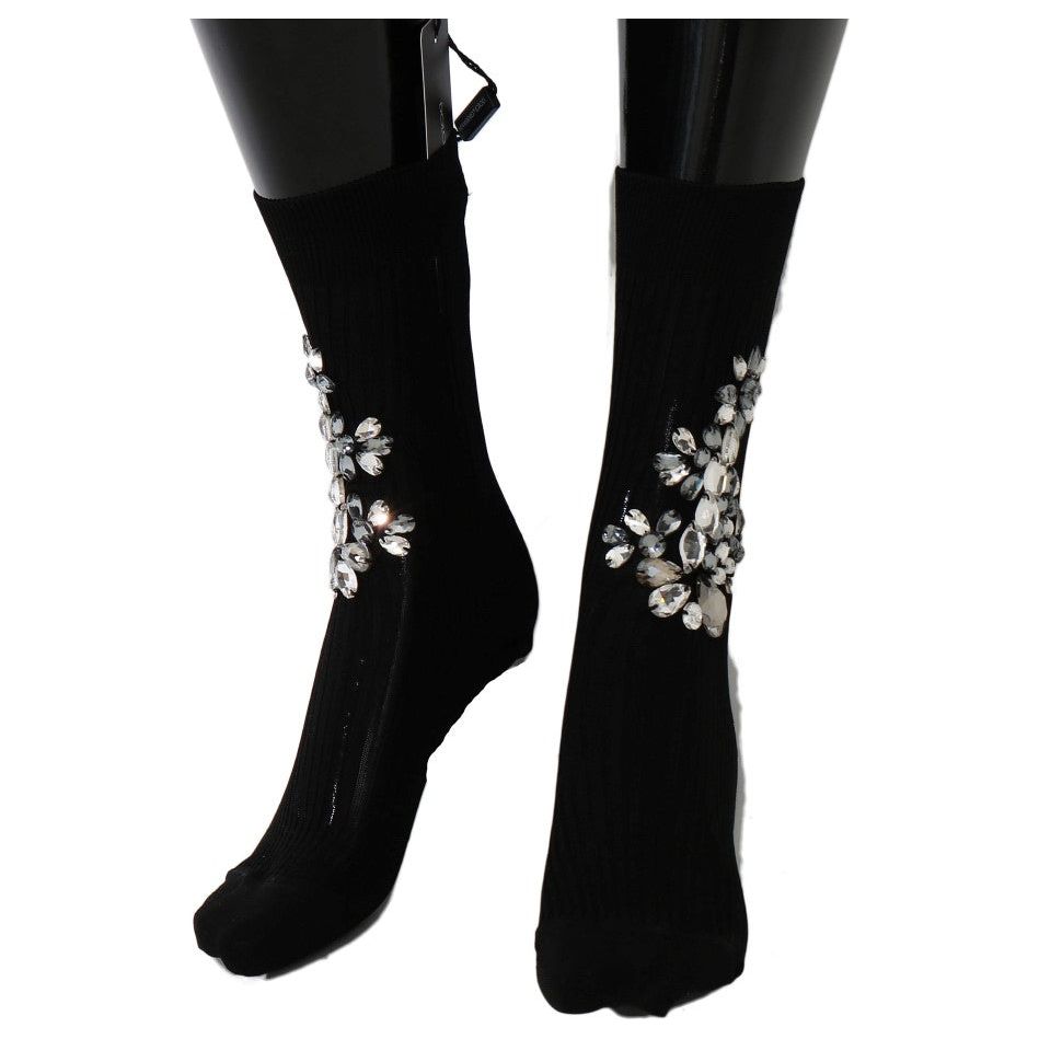 Dolce & Gabbana Crystal Embellished Black Knit Stockings black-knitted-floral-clear-crystal-socks