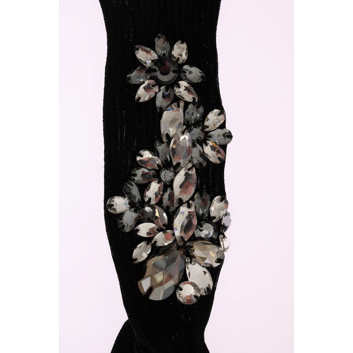 Dolce & Gabbana Crystal Embellished Black Knit Stockings black-knitted-floral-clear-crystal-socks