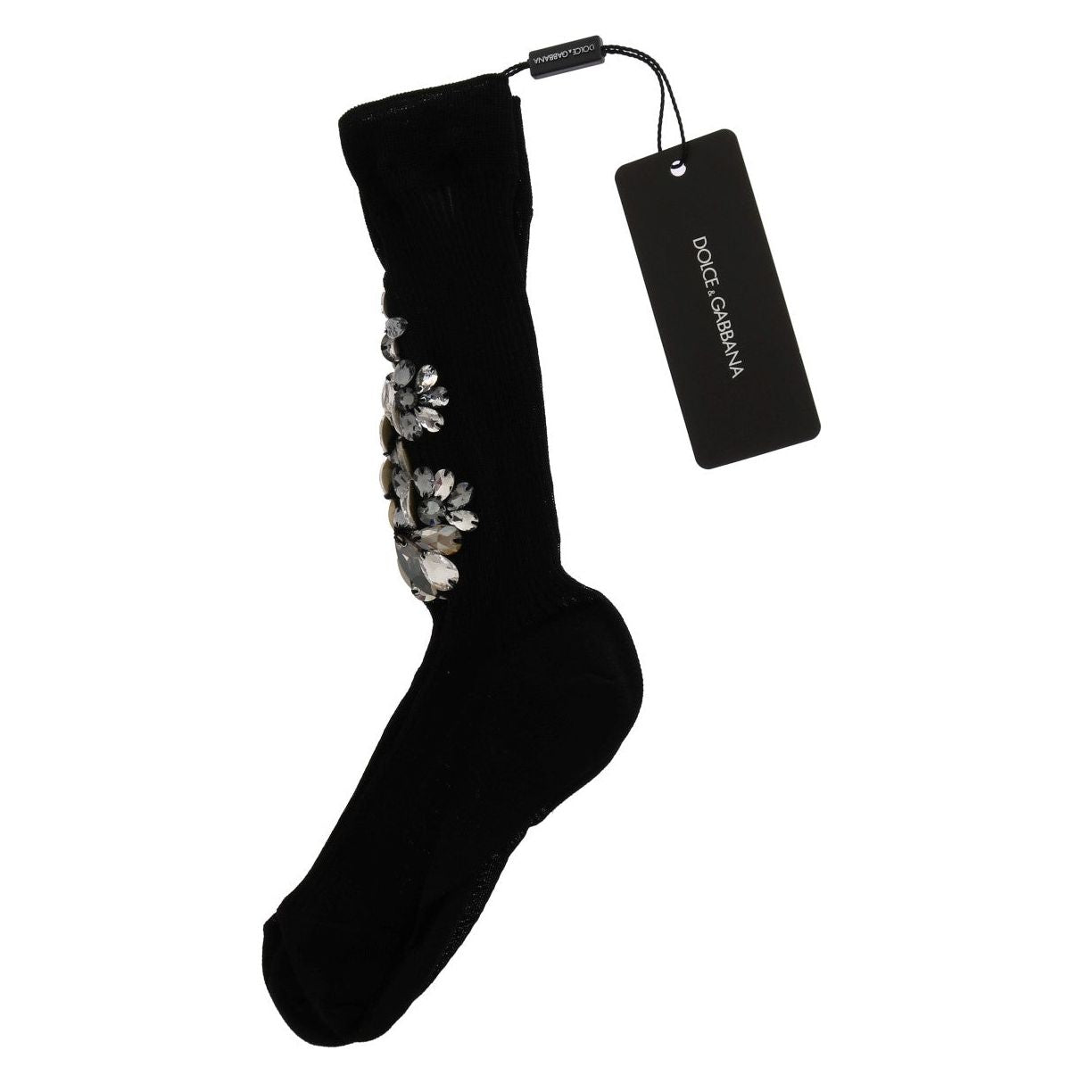 Dolce & Gabbana Black Knitted Floral Clear Crystal Socks