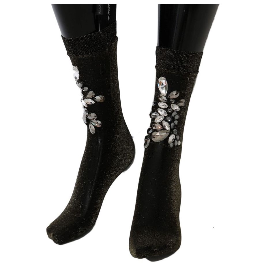 Dolce & Gabbana Crystal-Embellished Black Mid-Calf Stockings black-stretch-floral-clear-crystal-socks