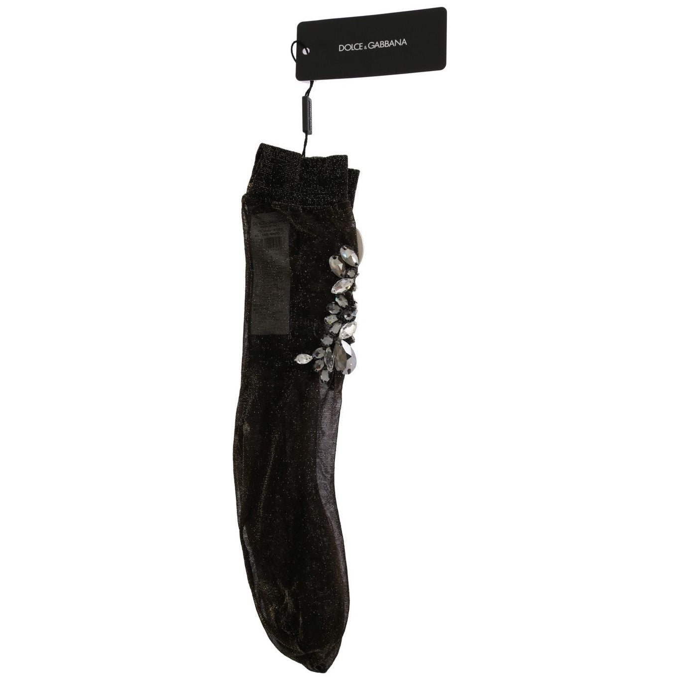 Dolce & Gabbana Crystal-Embellished Black Mid-Calf Stockings black-stretch-floral-clear-crystal-socks