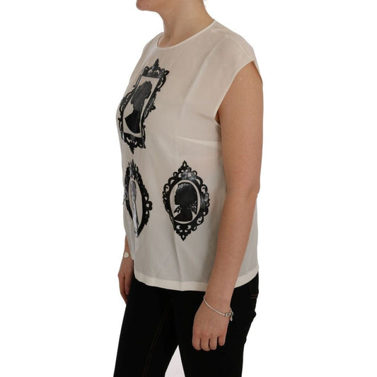 Dolce & Gabbana Embroidered Silk Sicily Frame Blouse white-silk-black-frame-blouse