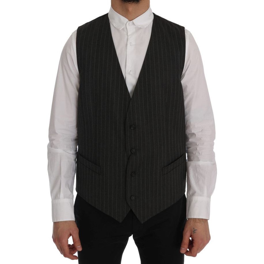 Elegant Striped Gray Wool Blend Waistcoat Vest