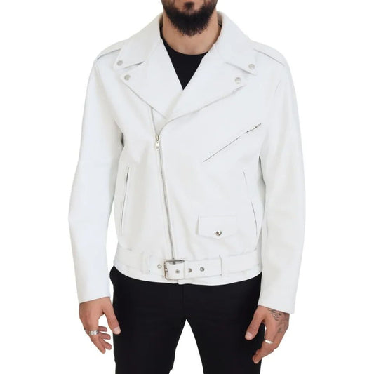 White Leather Biker Coat Zipper Jacket Dolce & Gabbana