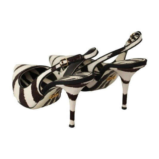 Black White Zebra Leather Heels Slingback Shoes