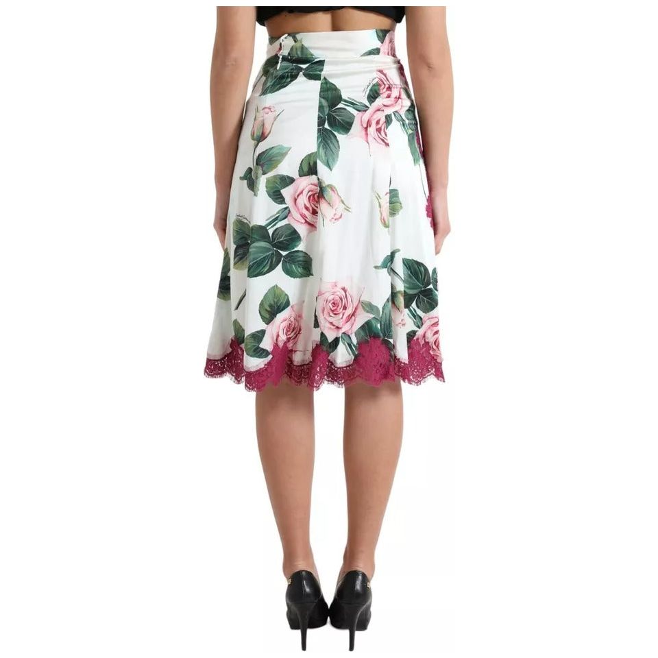 White Rose Print High Waist Midi A-line Skirt