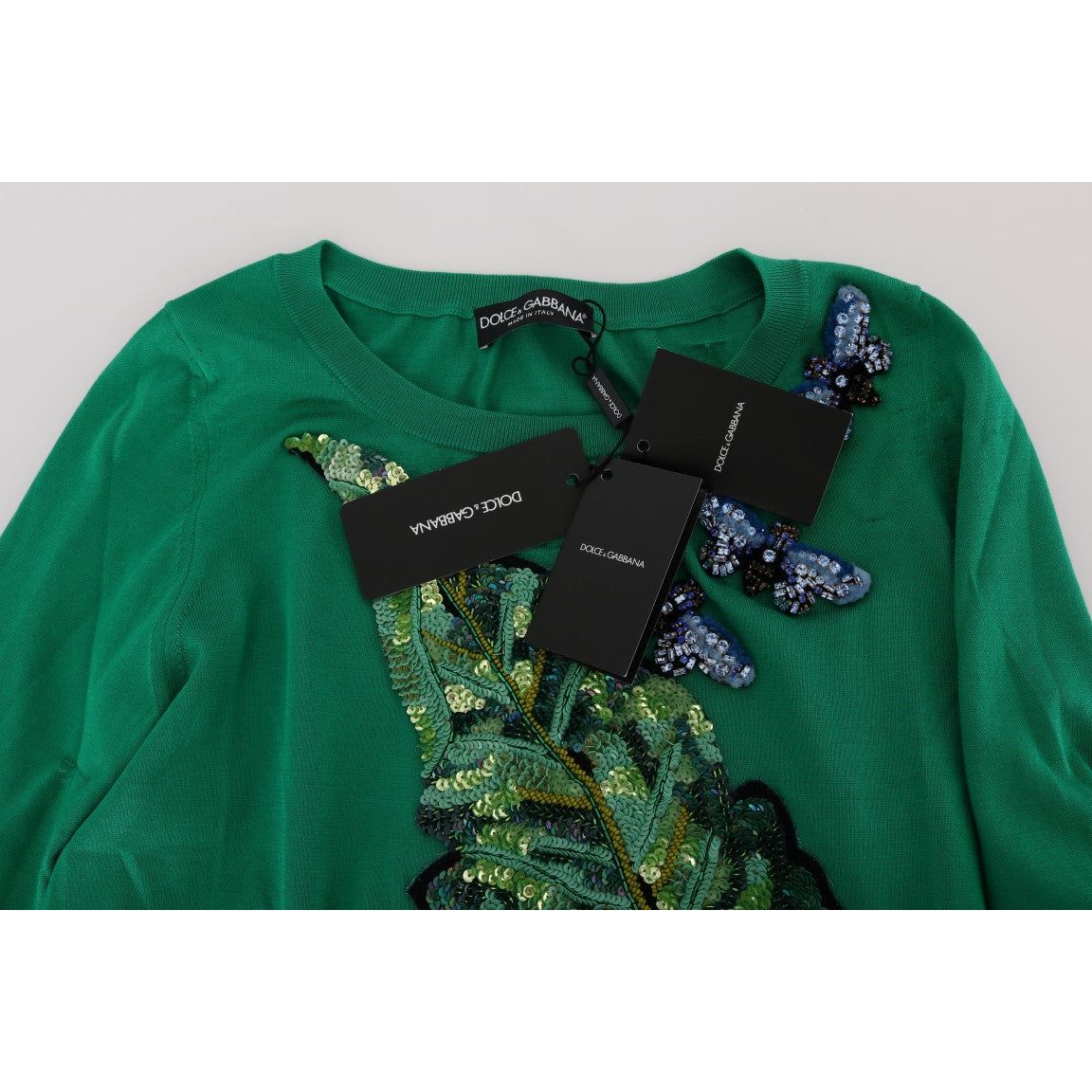 Dolce & Gabbana Embellished Green Silk Pullover Sweater embellished-green-silk-pullover-sweater