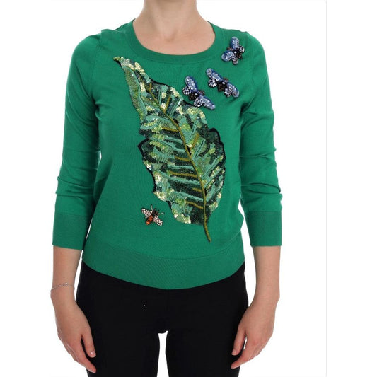 Embellished Green Silk Pullover Sweater
