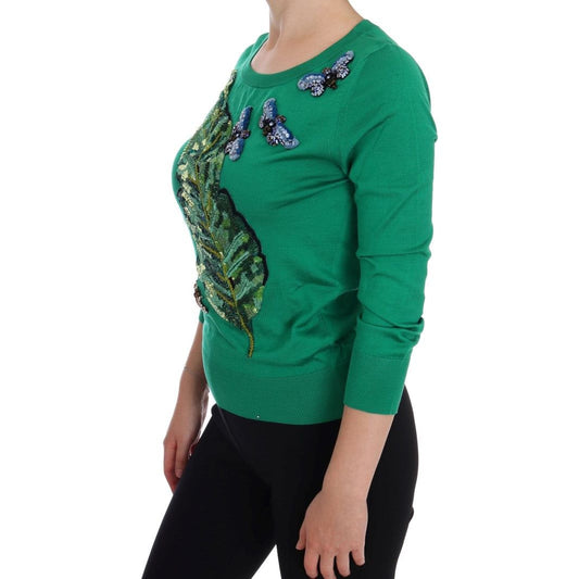 Embellished Green Silk Pullover Sweater