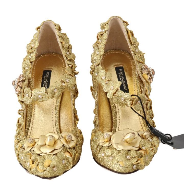 Dolce & Gabbana Gold Floral Crystal Embellished Pumps gold-floral-crystal-mary-janes-pumps