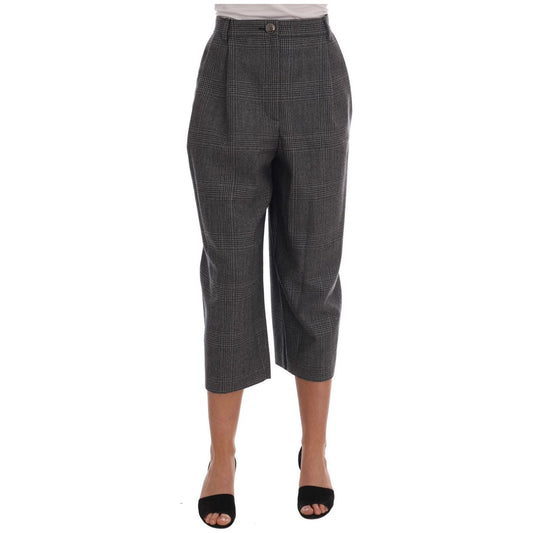 Elegant Gray Check Capri Wool Pants