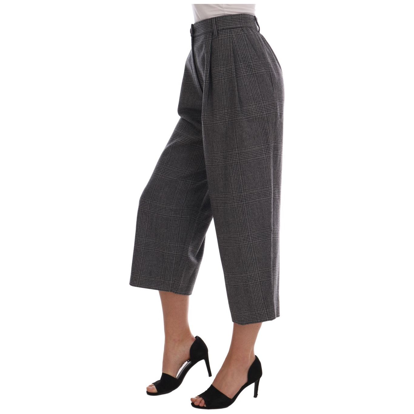 Elegant Gray Check Capri Wool Pants