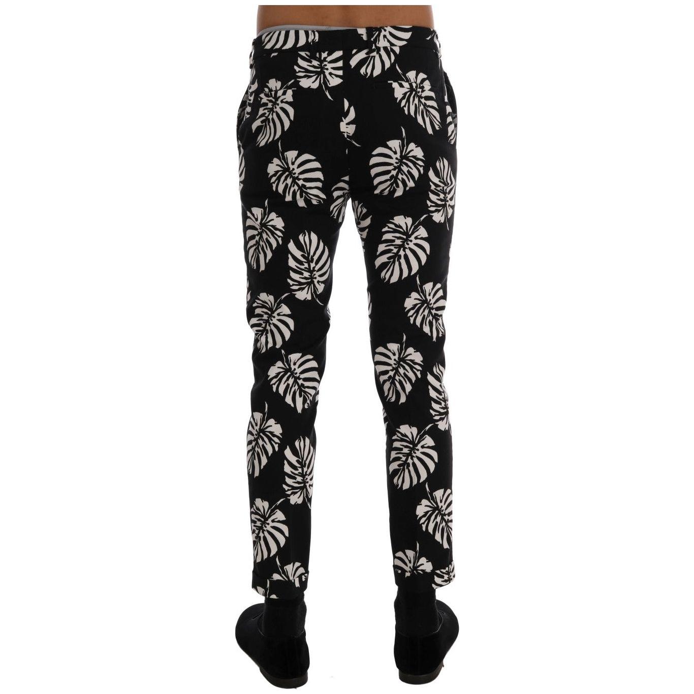 Dolce & Gabbana White Black Leaf Cotton Stretch Slim Pants