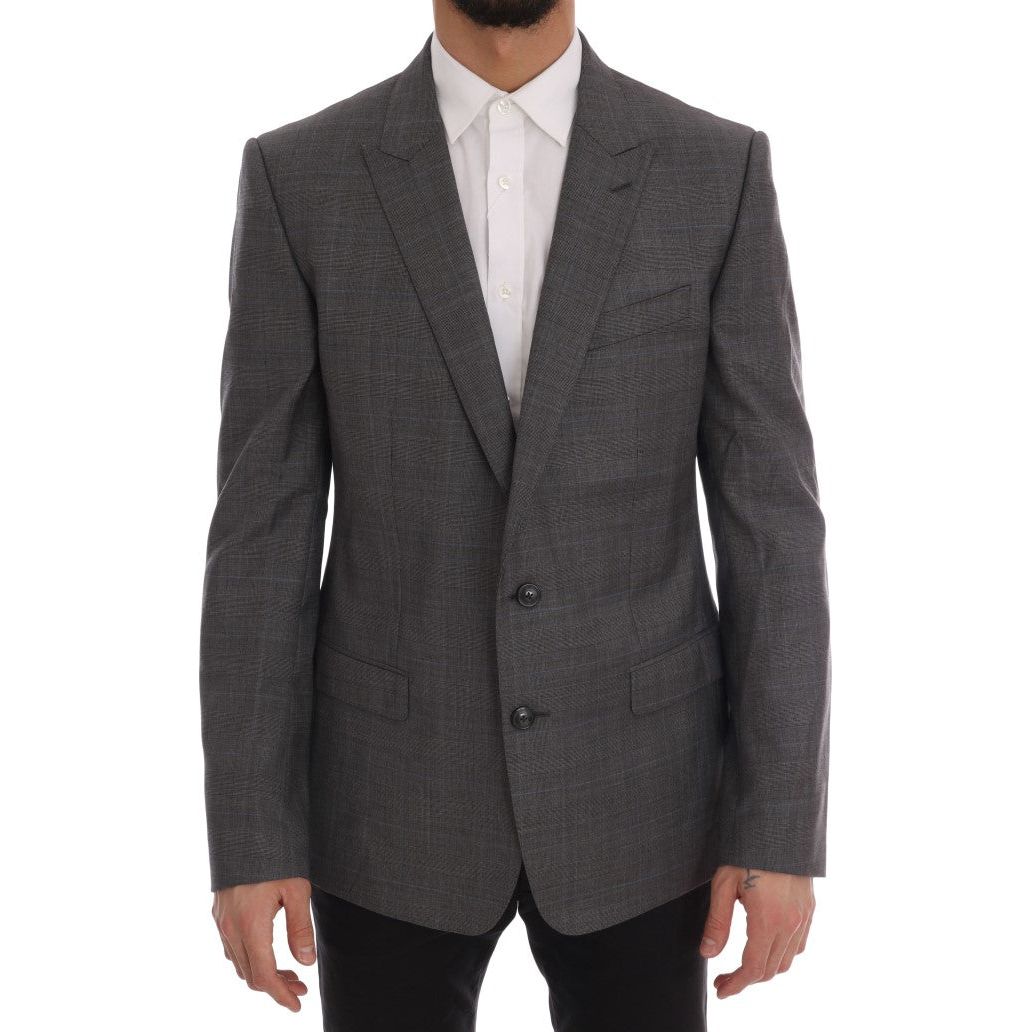 Sleek Gray Checkered Wool Blazer