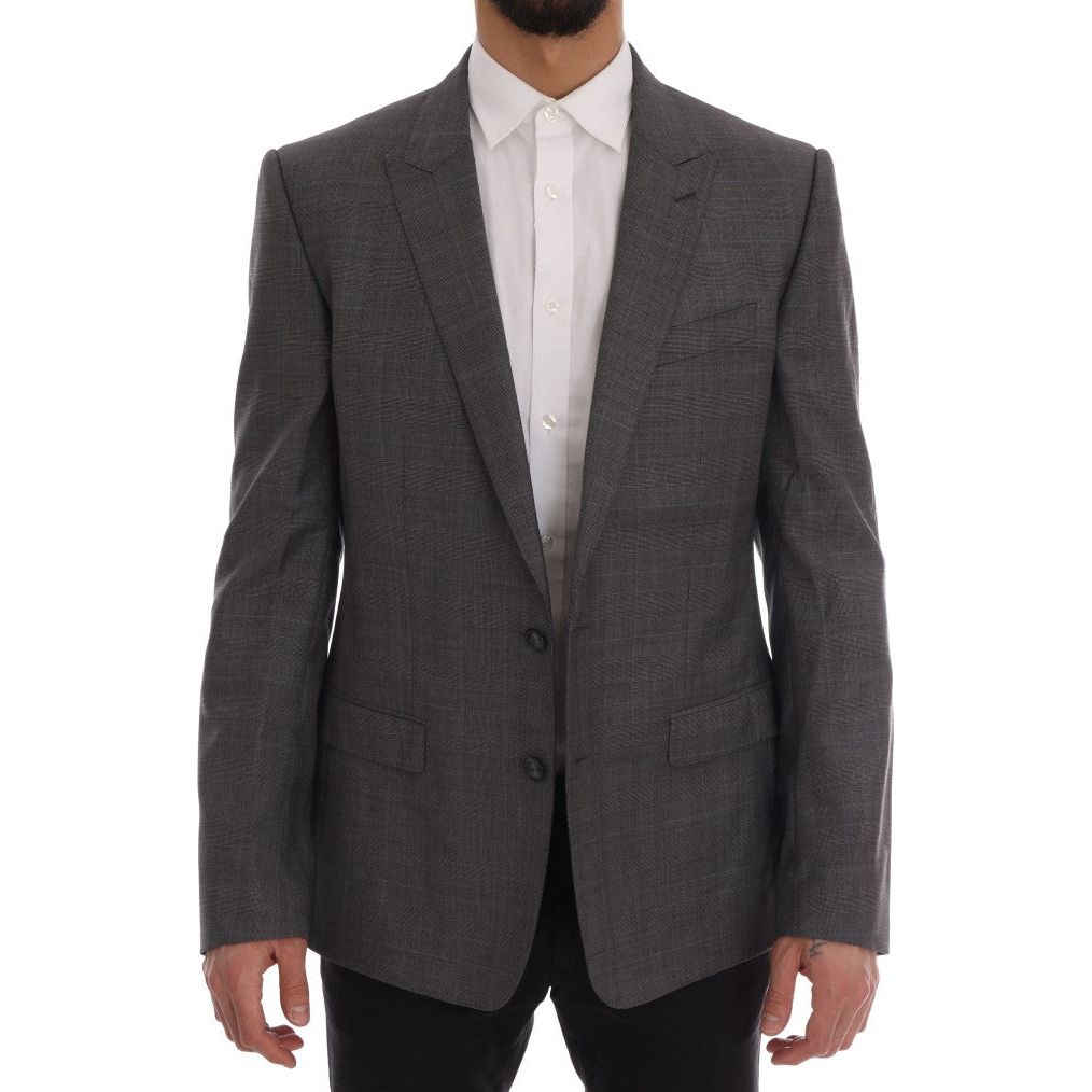 Sleek Gray Checkered Wool Blazer