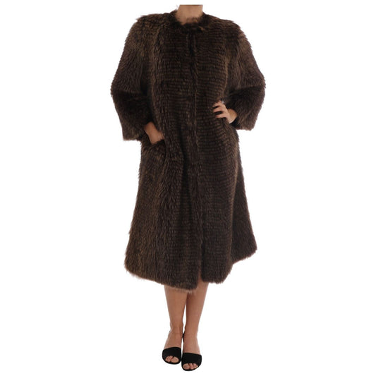 Elegant Brown Raccoon Fur Knee-Length Coat