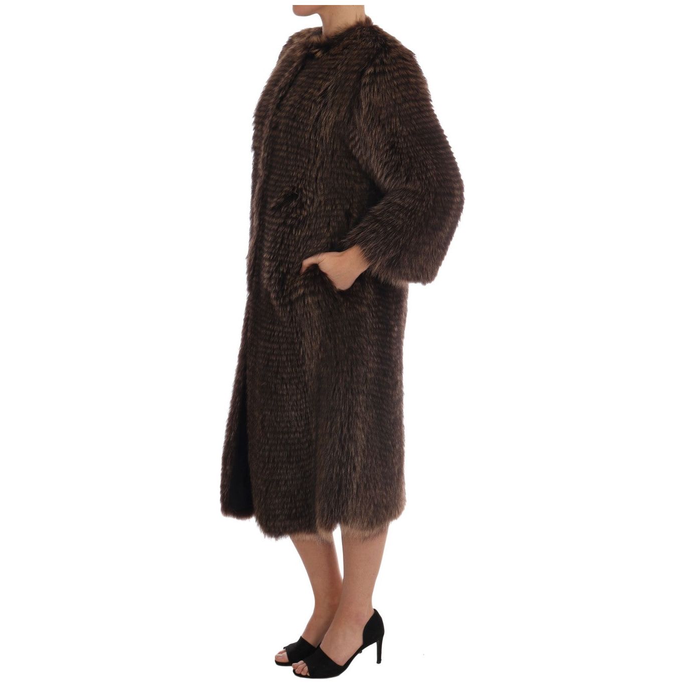 Elegant Brown Raccoon Fur Knee-Length Coat